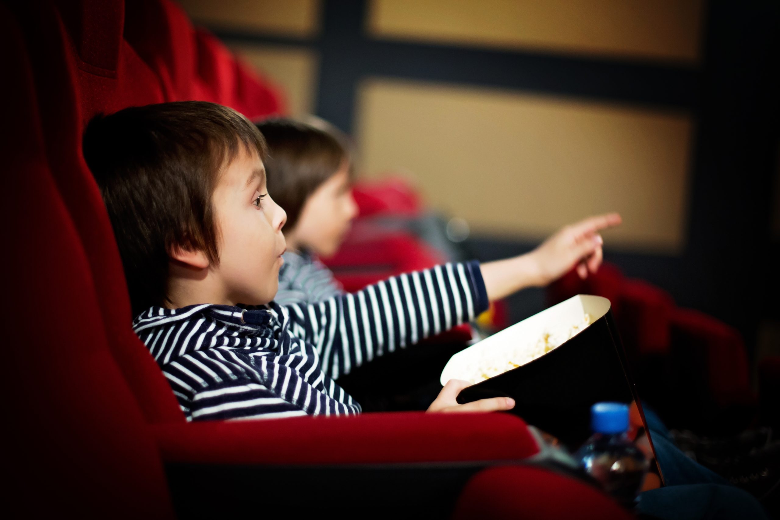 Two preschool children, twin brothers, watching movie in the cin Two preschool children, twin brothers, watching movie in the cinema, eating popcorn